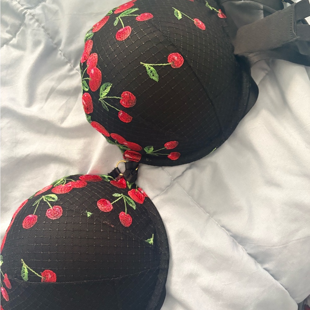Victoria's Secret Black Bra with Red Cherry Embroidery